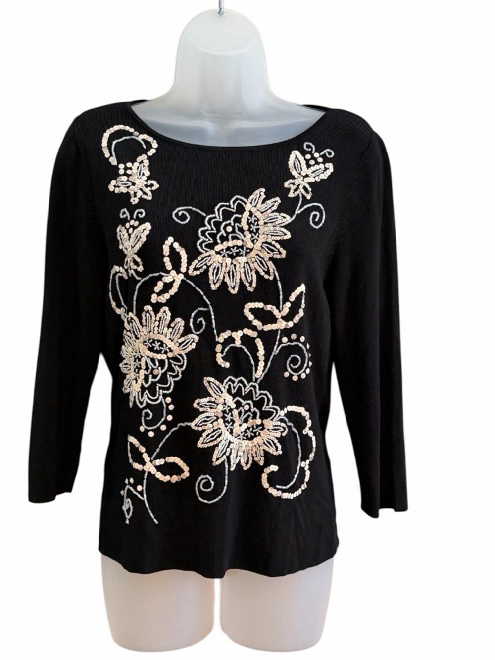 Vintage Sweaterworks Black Top with Sequin Floral Design